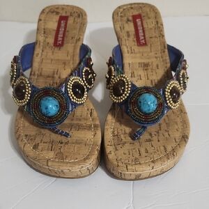 UnionBay Blue & Brown Cork Sole Wedge Sandals with Beaded Accents